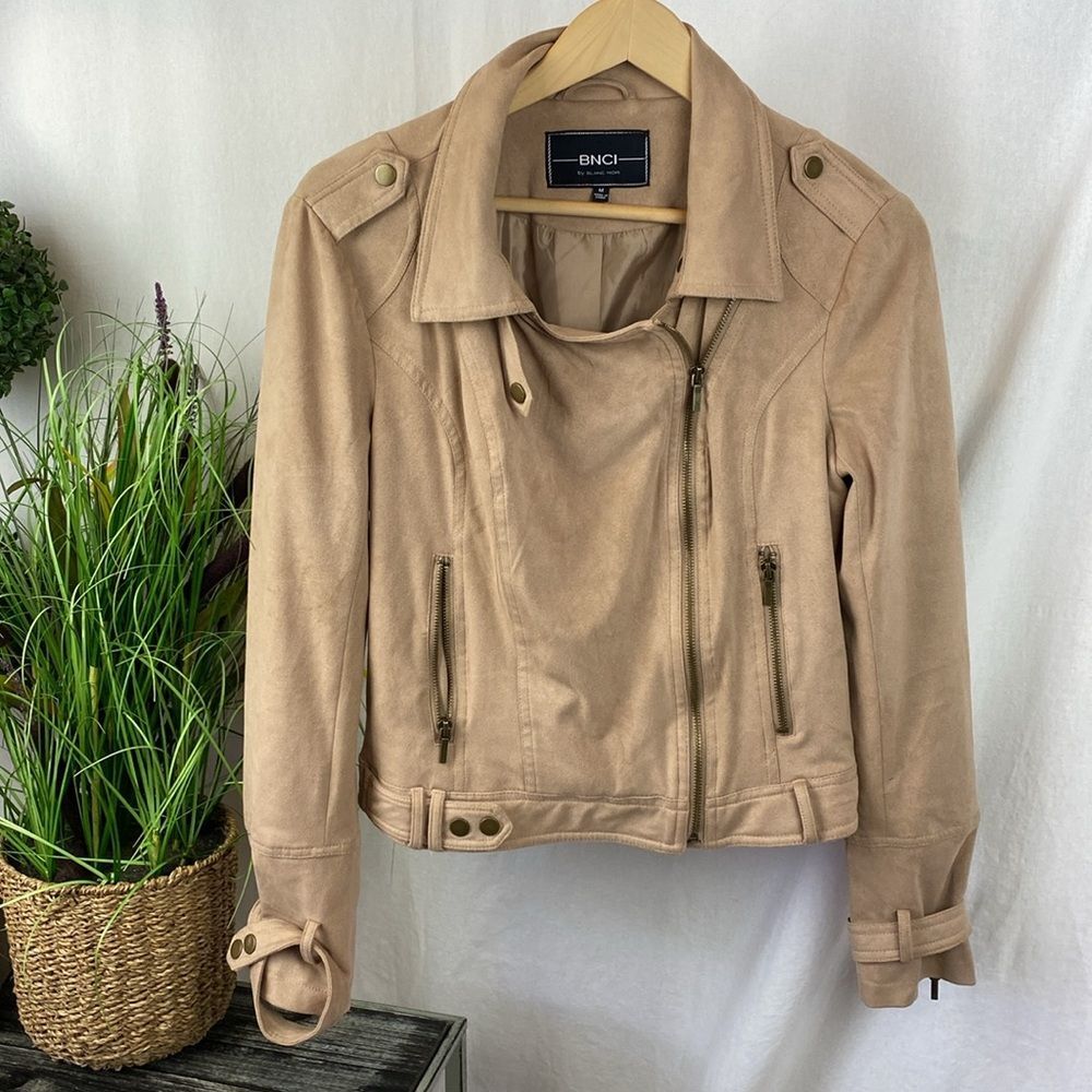 Blanc Noir Tan Faux Suede Cropped Moto Zip Up Jacket M